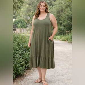 Sundance Summer Tank Top Midi Cotton Dress in Olive Green - Size XL